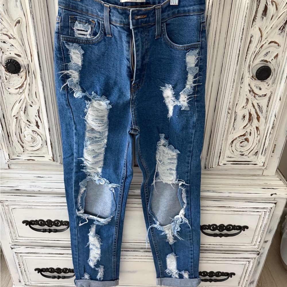 Vibrant Blue Distressed Boyfriend Jeans